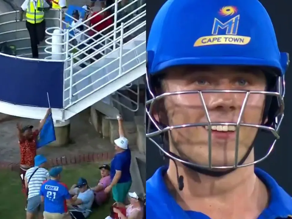 Dewald Brevis gives thumbs up to fan for winning cash prize after taking his catch during SA20 qualifier 