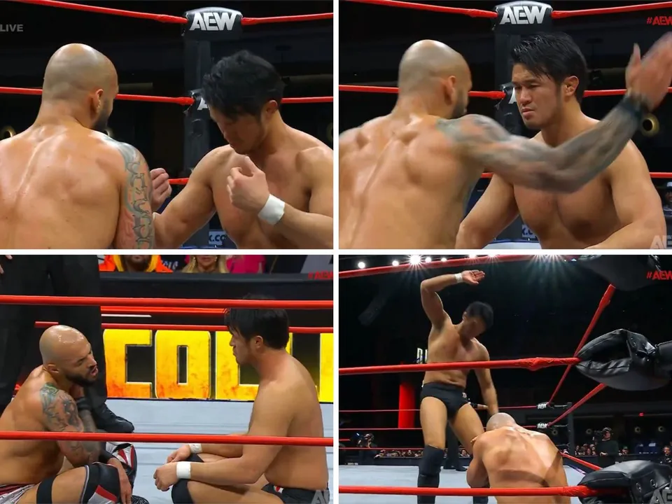 'WTF is this sh*t' - Fans react as Katsuyori Shibata welcomes neck slapping and returns spank on Ricochet's head