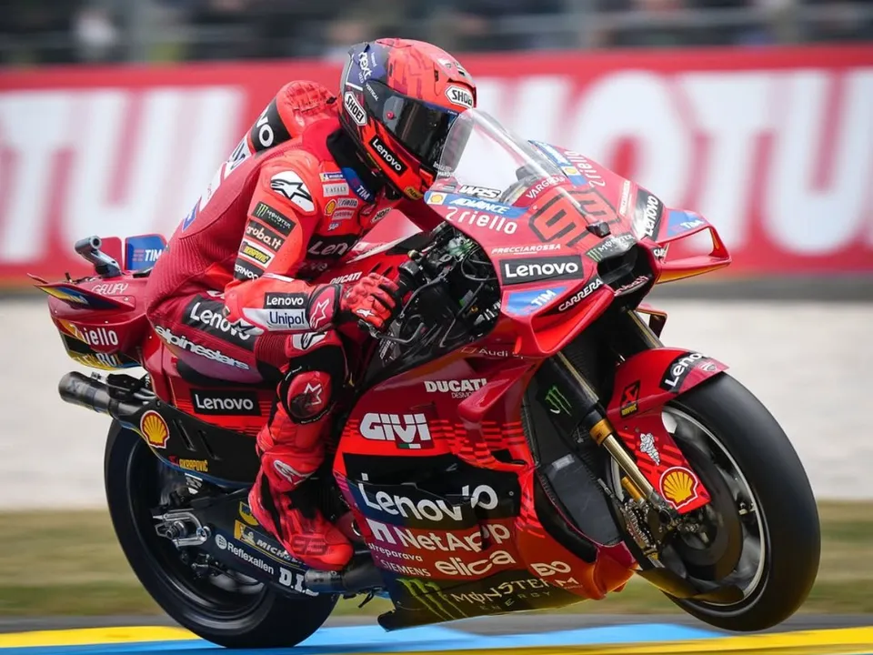 Marc Marquez leading at the LeMans of the 2025 French Grand prix