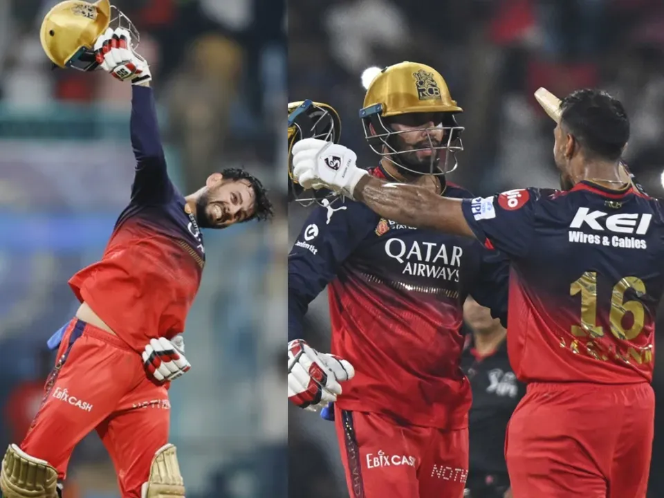 Jitesh Sharma and Mayank Agarwal celebrates after RCB beat LSG by 6 wickets in last league game of IPL 2025 