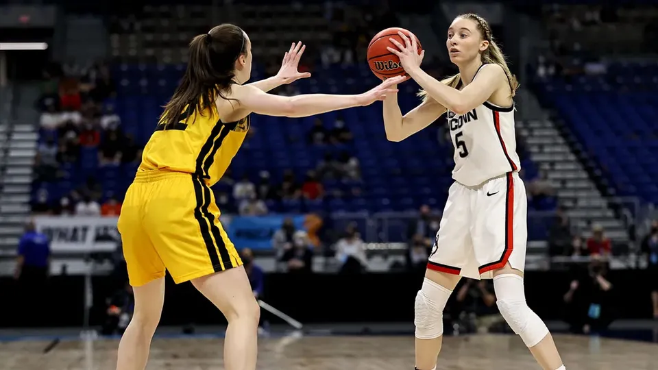 Paige Bueckers and Caitlin Clark