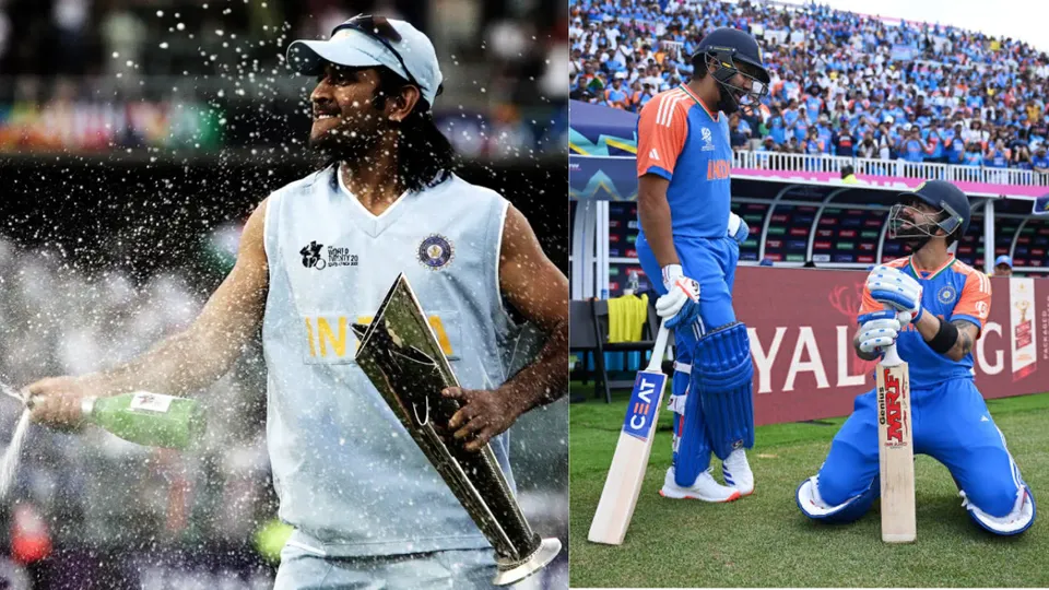 MS Dhoni (left), Rohit Sharma and Virat Kohli (Source: X)