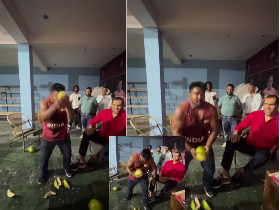 WATCH: The Great Khali impressed with a man breaking coconut with his body parts