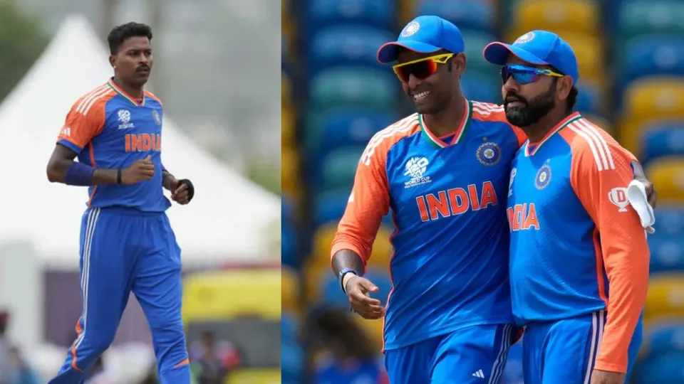 Hardik Pandya (left), Suryakumar Yadav with Rohit Sharma (Source: X)