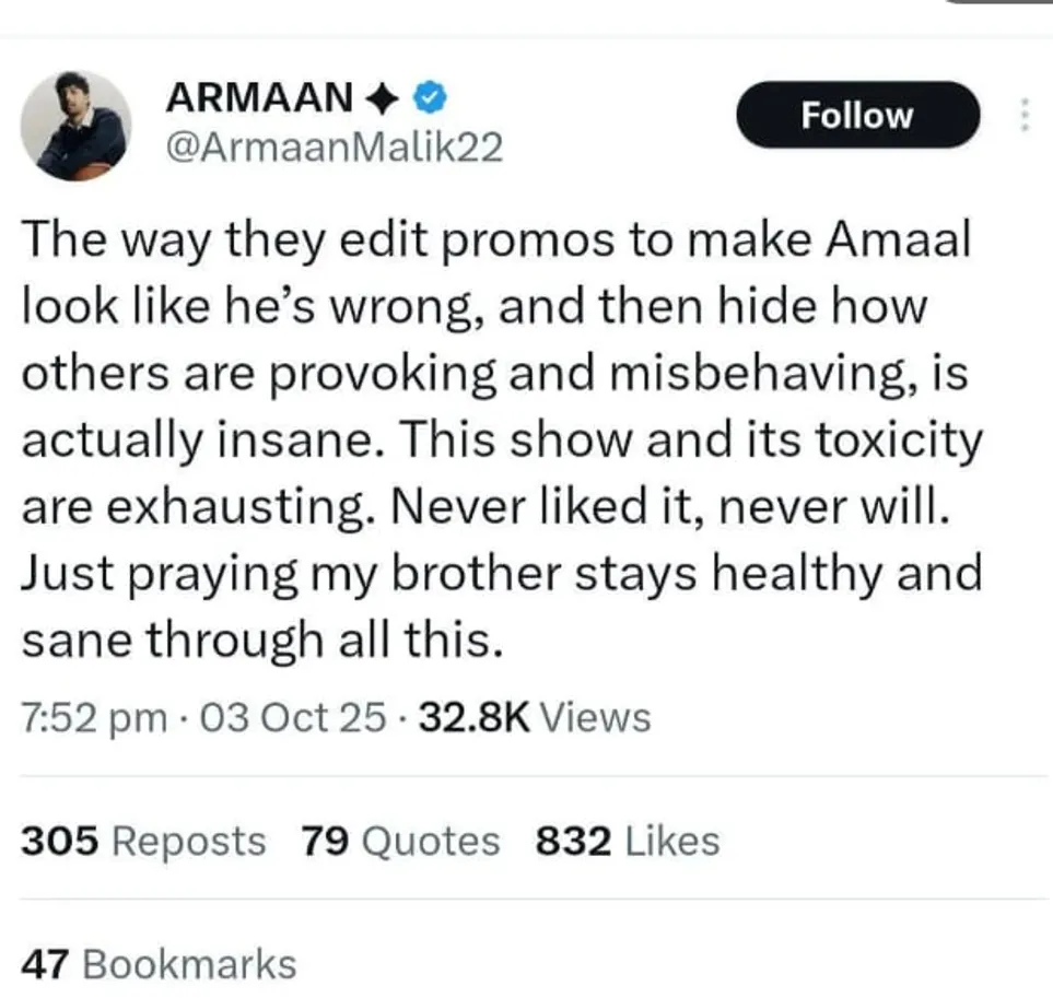 Amaal Mallik's brother, Armaan Mallik, lashes out at Bigg Boss 19 makers.