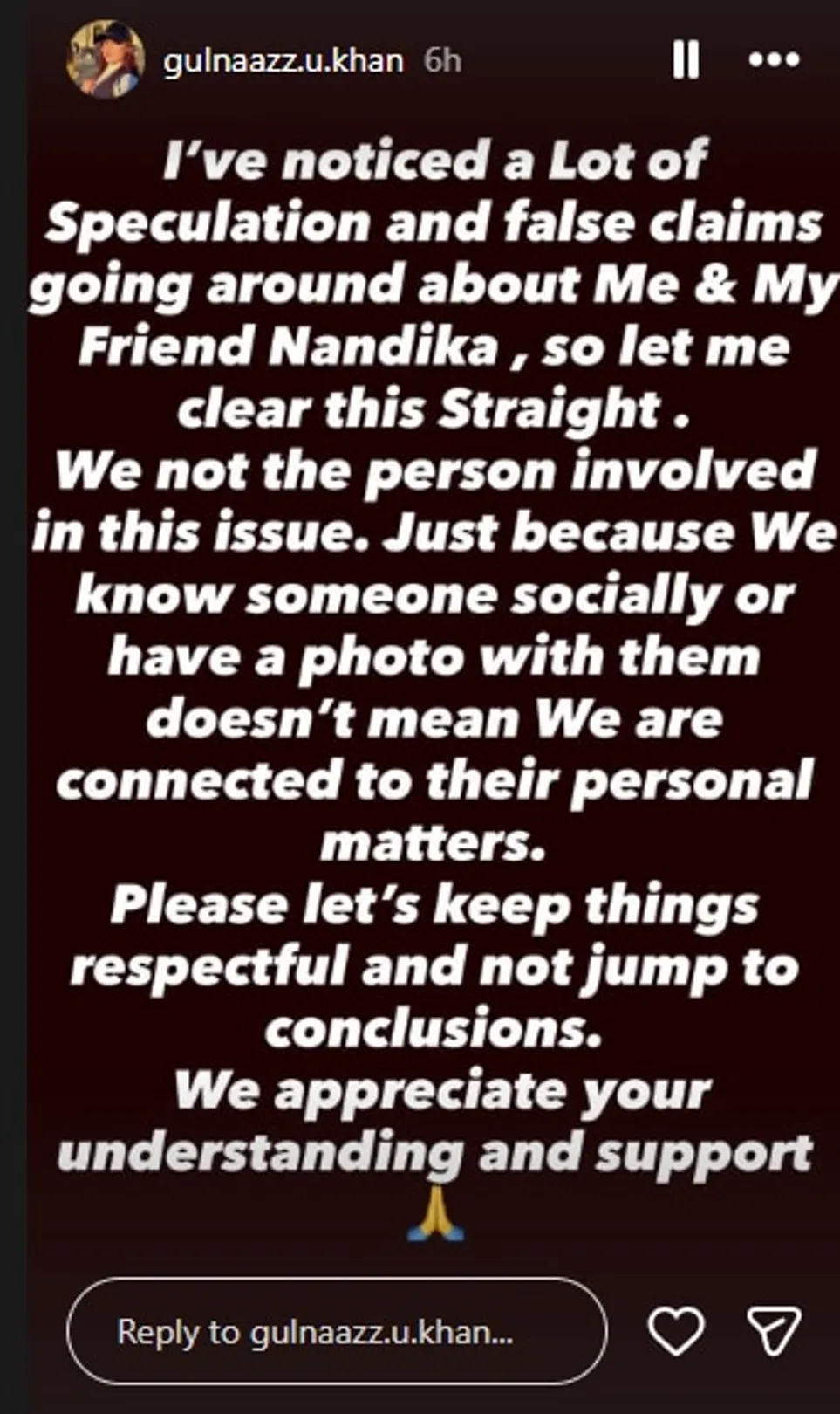 Gulnaazz Khan via Instagram Stories.