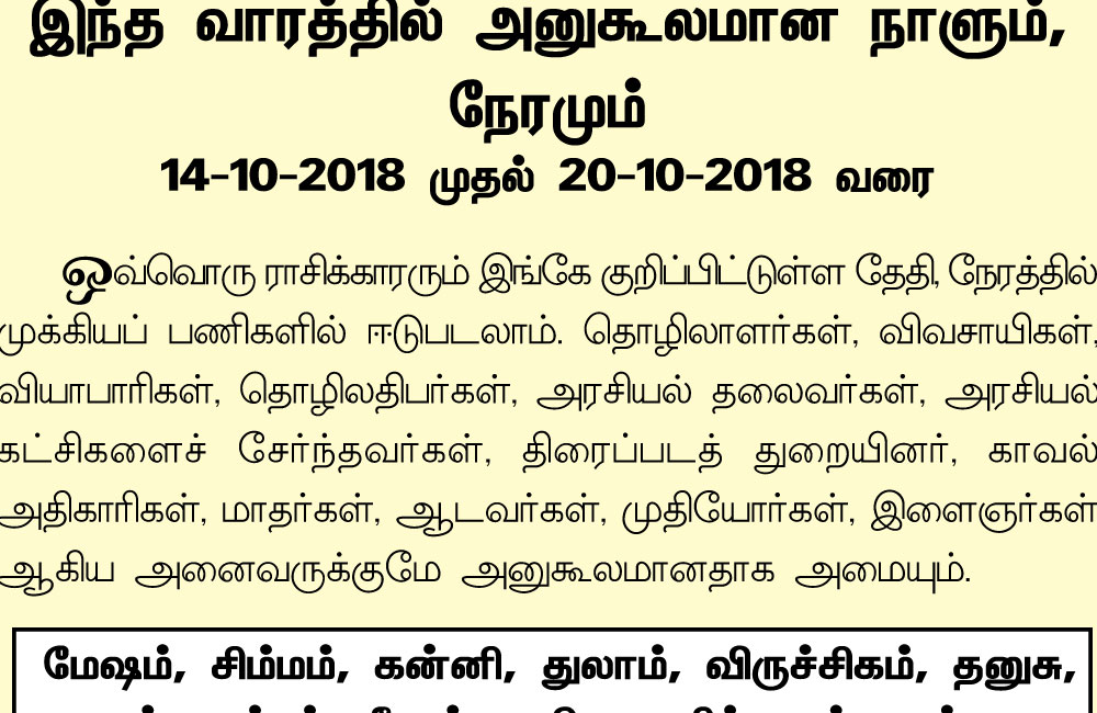 இந்த வாரத்தில் அனுகூலமான நாளும், நேரமும் 14-10-2018 முதல் 20-10-2018 வரை