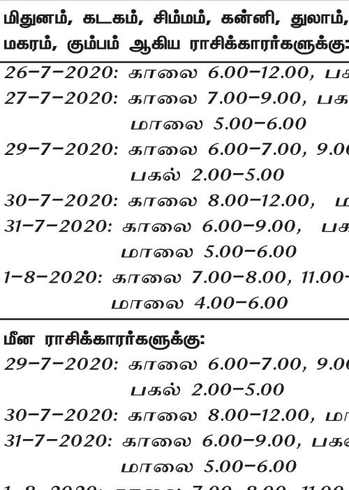 இந்த வாரத்தில் அனுகூலமான நாளும் நேரமும் 26-7-2020 முதல் 1-8-2020 வரை