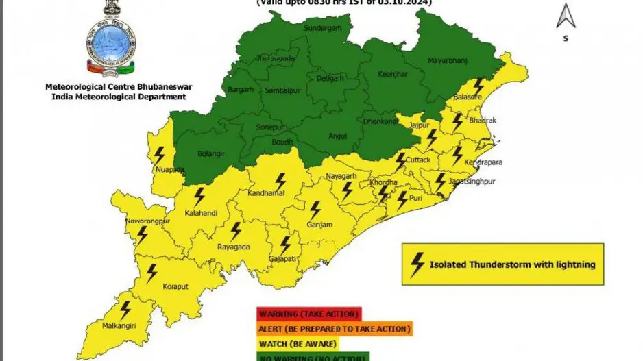 IMD issues yellow alert for thunderstorms with lightning in several districts of Odisha till Oct 4