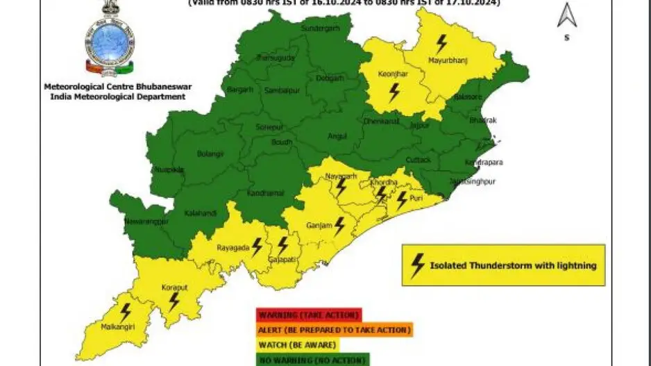 IMD predicts thunderstorm, lightning in several Odisha districts; yellow warning issued