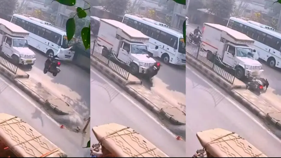 Yamraj on holiday! Man 'flies' to land on van bonnet as scooter crashes on divider; watch