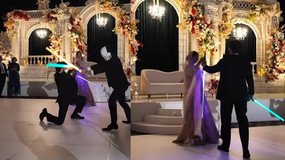 Groom 'fights' at wedding venue to rescue his bride in Star Wars style! Watch