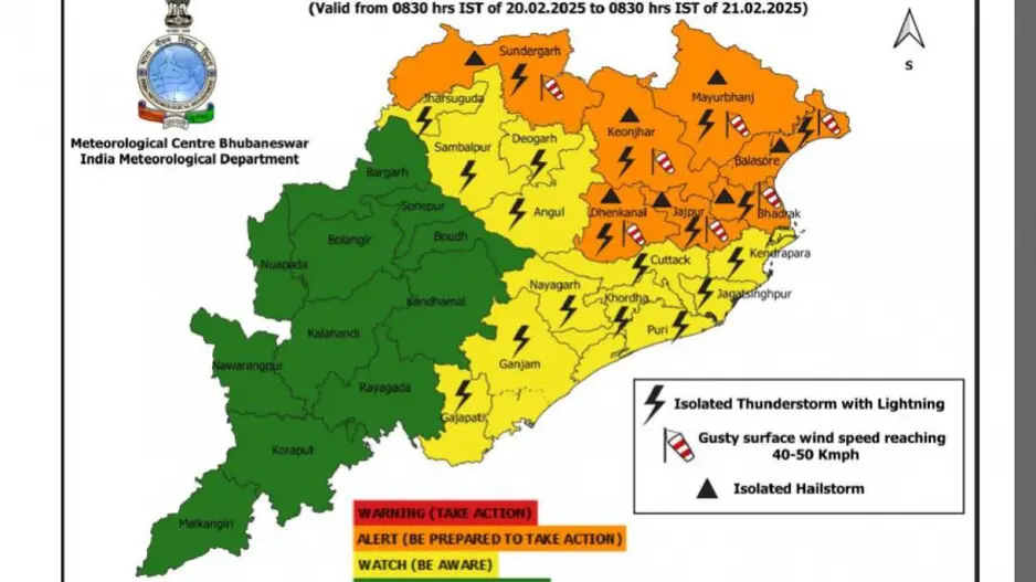 IMD issues orange warning for thunderstorm with lightning, gusty wind and hail in Odisha districts