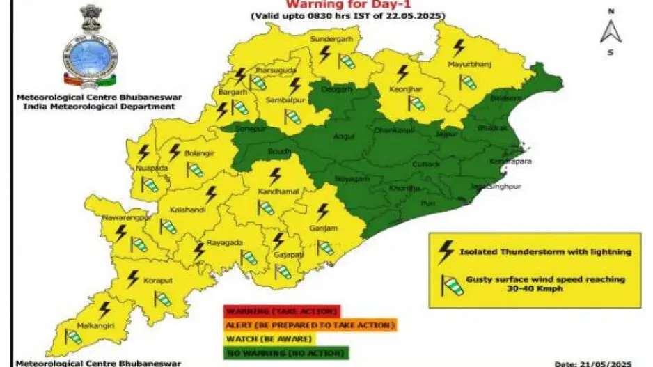 Thunderstorm, lightning with 40-50 kmph gusty wind alert for Odisha districts till May 26: IMD