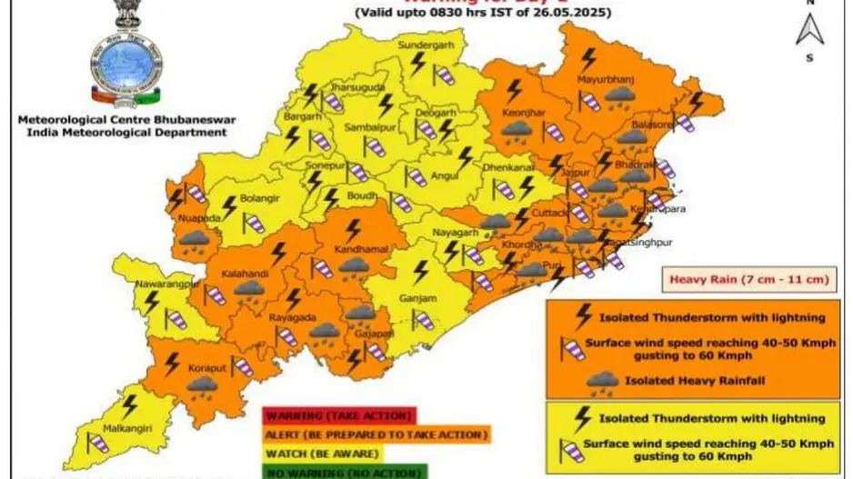 IMD issues orange and yellow warning for thunderstorm and heavy rainfall in Odisha; check districts