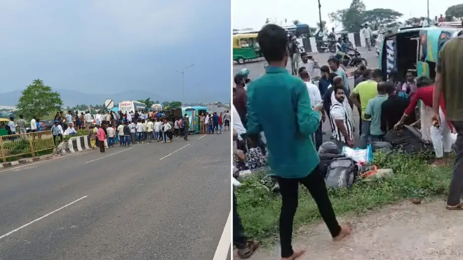 Bus carrying 50 passengers overturns on NH-16 near Bhubaneswar: 7 injured, steering failure suspected