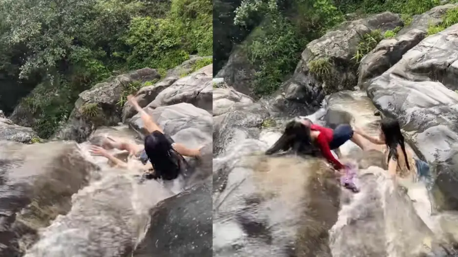 Narrow escape for girls as they slip off cliff at waterfall, watch