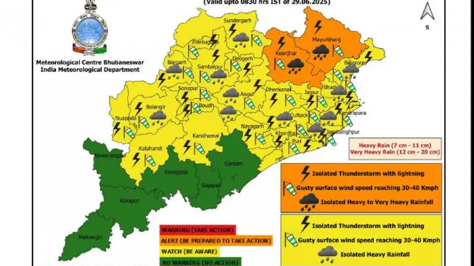 IMD issues orange warning for heavy to very heavy rainfall in Odisha